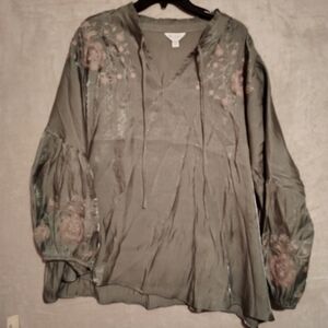 Cato Olive Green Blouse with Orange Floral Casual Embroidery Plus Size 26/28 NWT